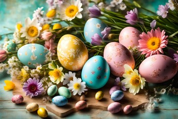 Fototapeta na wymiar Colorful Easter eggs nestled among pastel-colored flowers on a tabletop, creating a joyful and festive atmosphere.