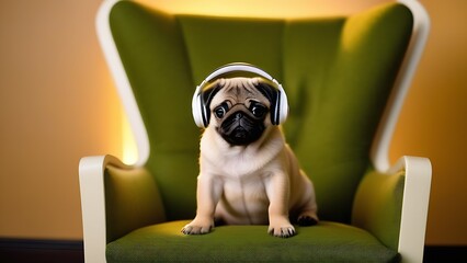 A postcard with a cute little sand-colored pug puppy with white headphones on his head, sitting in a green upholstered chair and listening to music