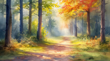 Obraz premium Watercolor style painting of a path in a forest landscape