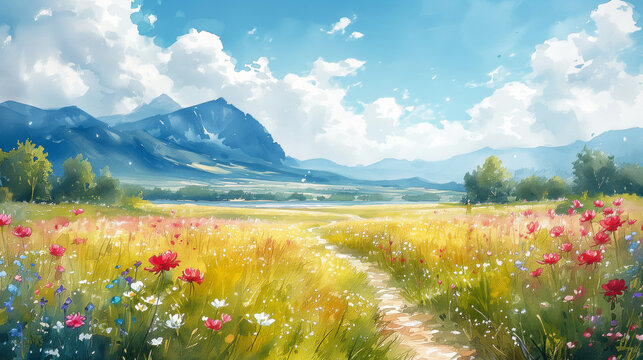 Watercolour style painting of a mountain landscape with spring flowers