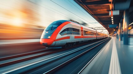 High-speed train in motion at the station - obrazy, fototapety, plakaty