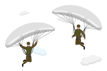 3D Isometric Flat  Conceptual Illustration of Paratroopers, Skydivers in Khaki Military Uniform - obrazy, fototapety, plakaty