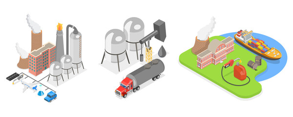 3D Isometric Flat  Conceptual Illustration of Oil Refinery, Petrochemical Plant Infrastructure
