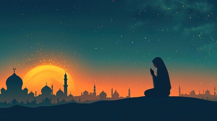 muslim woman praying with mosque silhouettes in starry night - AI Generated