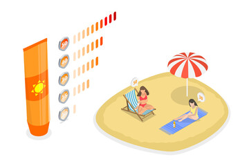 Fototapeta premium 3D Isometric Flat Conceptual Illustration of SPF Protection Infographics, Sun Care Products