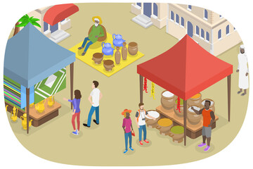 3D Isometric Flat Conceptual Illustration of Arabic Bazaar, Middle Eastern Street Trade