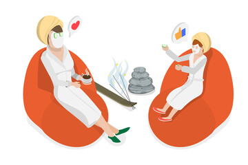 3D Isometric Flat  Conceptual Illustration of Family Spa, Mother and Teen Child Spending Time Together