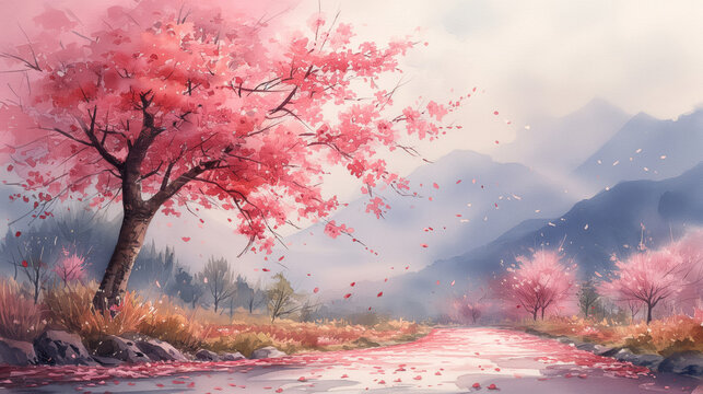 Watercolor style illustration of a spring landscape with pink cherry blossoms next to a river