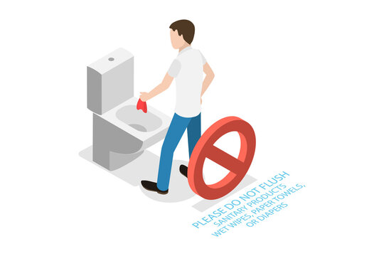 3D Isometric Flat  Conceptual Illustration of Do Not Flush Sanitary Products, Toilet Litter Sign