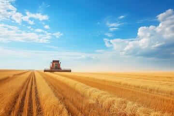 Fototapeta premium Famer Harvesting via machine in corn crops. collecting golden crops under the blue sky background