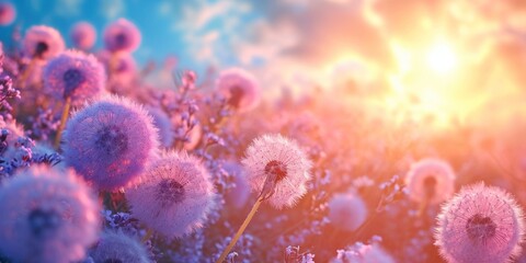 lavender dandelions in a sunny meadow, screensaver, banner