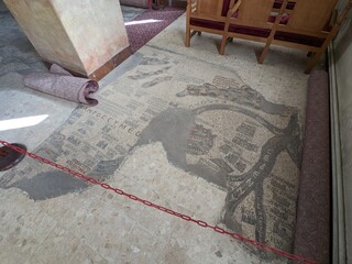 Madaba historical old town, Jordan, fampous for Interior of Greek Orthodox Basilica of St George with the mosaic map of Holy Land