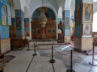 Madaba historical old town, Jordan, fampous for Interior of Greek Orthodox Basilica of St George with the mosaic map of Holy Land
