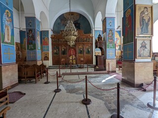 Madaba historical old town, Jordan, fampous for Interior of Greek Orthodox Basilica of St George with the mosaic map of Holy Land