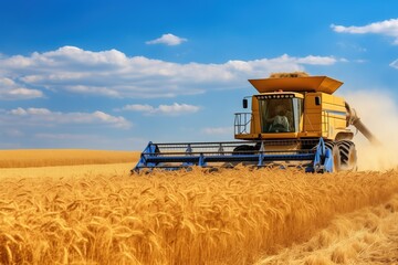 Obraz premium Famer Harvesting via machine in corn crops. collecting golden crops under the blue sky background