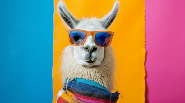 llama with sunglasses and scarf in studio with a colorful and bright background. AI Generative