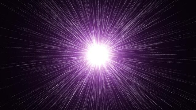 Bright light with purple rays and particles moving on dark background. Can be used horizontally and vertically with the Add or Screen blending modes.