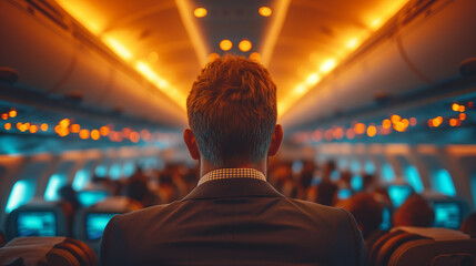 man in the cabin of an airplane. concept of traveling, business trips, active lifestyle