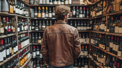 a man in a liquor store. a man picks out wine in a store.