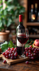 vertical photo, wine glass and grapes, wine bottle in the background