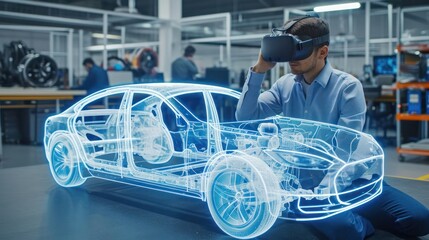 Man in Factory Examining Car for Manufacturing Process Generative AI