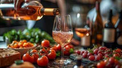 the sommelier pours wine into a glass from a bottle. a glass with wine on a set table