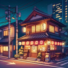a beautiful japanese tokyo city ramen shop restaurant bar in the dark night evening. house at the street.