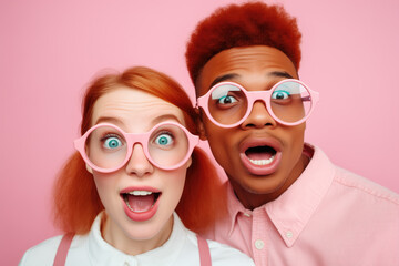 Two excited young people with open-mouthed expressions wear oversized pink glasses against a soft pink background, exuding a playful and joyful vibe.