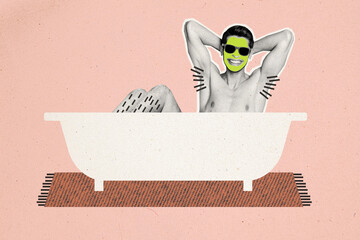 Horizontal funny caricature collage photo of young funky man lying in bathtub with hairy legs and...