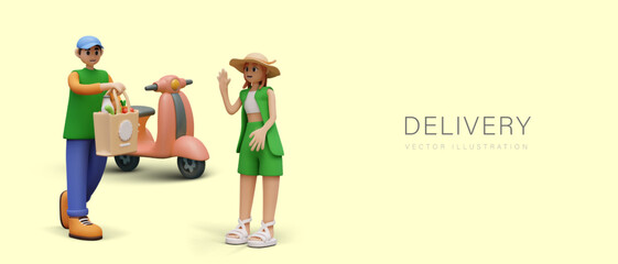 Advertising of delivery services. Color banner in realistic style. Courier on scooter brought order to buyer. Woman picks up package from store deliver. Web template