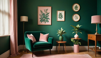 A dressing room with pale pink walls with a forest green velvet armchair natural wood accents and vintage inspired bot style