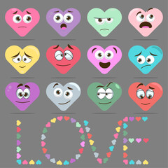 Fototapeta premium Set of funny cartoon hearts. Vector colorful valentine day elements red, green, blue, white, yellow, pink, grey, violet, purple, lilac colour. Simple minimal illustration of heart and lettering LOVE.