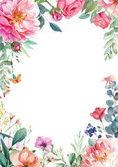 Fototapeta na wymiar Water Color Pastel Flower and bloom, Wedding decorative perfect rectangle frame border Elegant Wedding Flower Frame in Soft Pastels