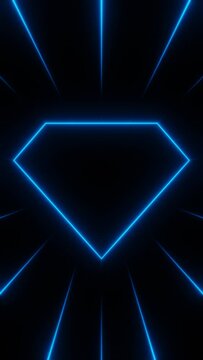 Vertical video blue neon diamond frame with radiating lines animation