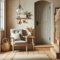 Fototapeta na wymiar Grey armchair and wooden rustic bench near door against beige wall and staircase.