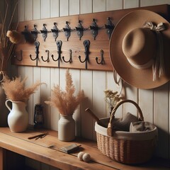 Hook wall mounted coat rack above wooden bench. Rustic country.