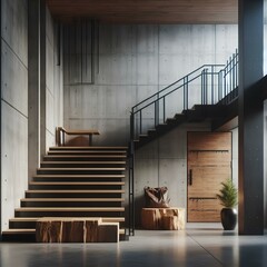 Loft interior design of modern entrance hall with staircase and rustic wooden bench.