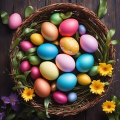 Obraz na płótnie Canvas Colorful Easter eggs in a basket on a dark wooden background. Colorful Happy Easter eggs in a nest with flowers. Beautiful Happy Easter background.