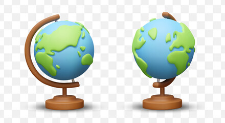 Beautiful big globe in different positions. Blue planet Earth with green continents on ball. Realistic copy of globe on small scale for studying geography. Vector illustration in 3d style