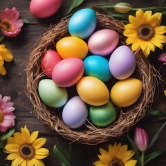 Fototapeta na wymiar Colorful Easter eggs in a basket on a dark wooden background. Colorful Happy Easter eggs in a nest with flowers. Beautiful Happy Easter background.