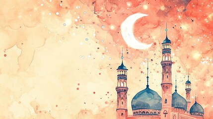 A watercolor sketch of Mosque and crescent for ramadan background - AI Generated