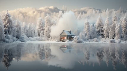 A winter wonderland cabin covered in snow, smoke rising from the chimney, surrounded by snow-covered trees and a frozen lake -Generative Ai