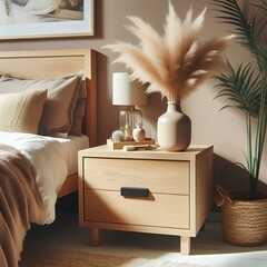 Vase with pampas grass on wooden drawer bedside cabinet near bed.