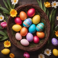 Obraz premium Colorful Easter eggs in a basket on a dark wooden background. Colorful Happy Easter eggs in a nest with flowers. Beautiful Happy Easter background.