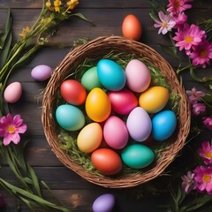 Fototapeta na wymiar Colorful Easter eggs in a basket on a dark wooden background. Colorful Happy Easter eggs in a nest with flowers. Beautiful Happy Easter background.