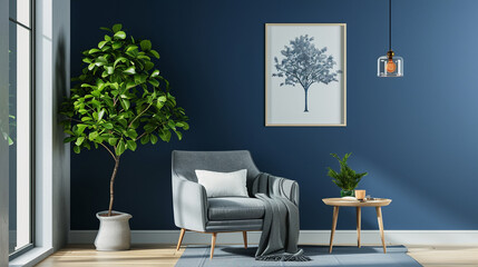 The design of a living room in which the blue color predominates - obrazy, fototapety, plakaty