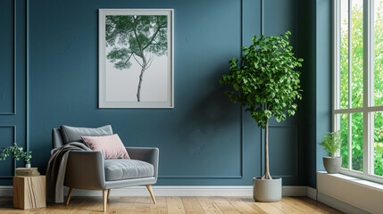 The design of a living room in which the blue color predominates - obrazy, fototapety, plakaty