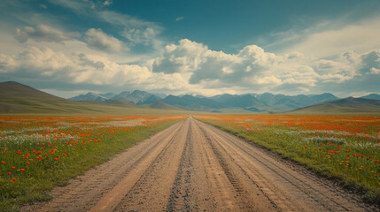 Fototapeta na wymiar A road on a plain with flowers towards the mountains