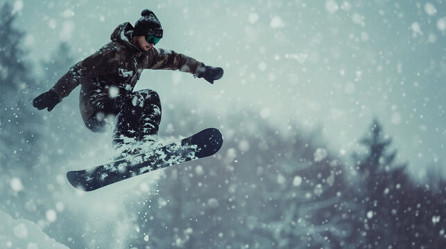 A man practicing winter sports, snowboarding