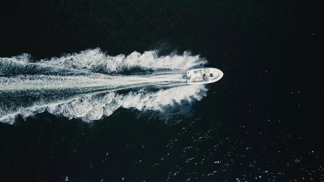 Top view of a drone motor boat in ocean waters off the coast of Nova Scotia